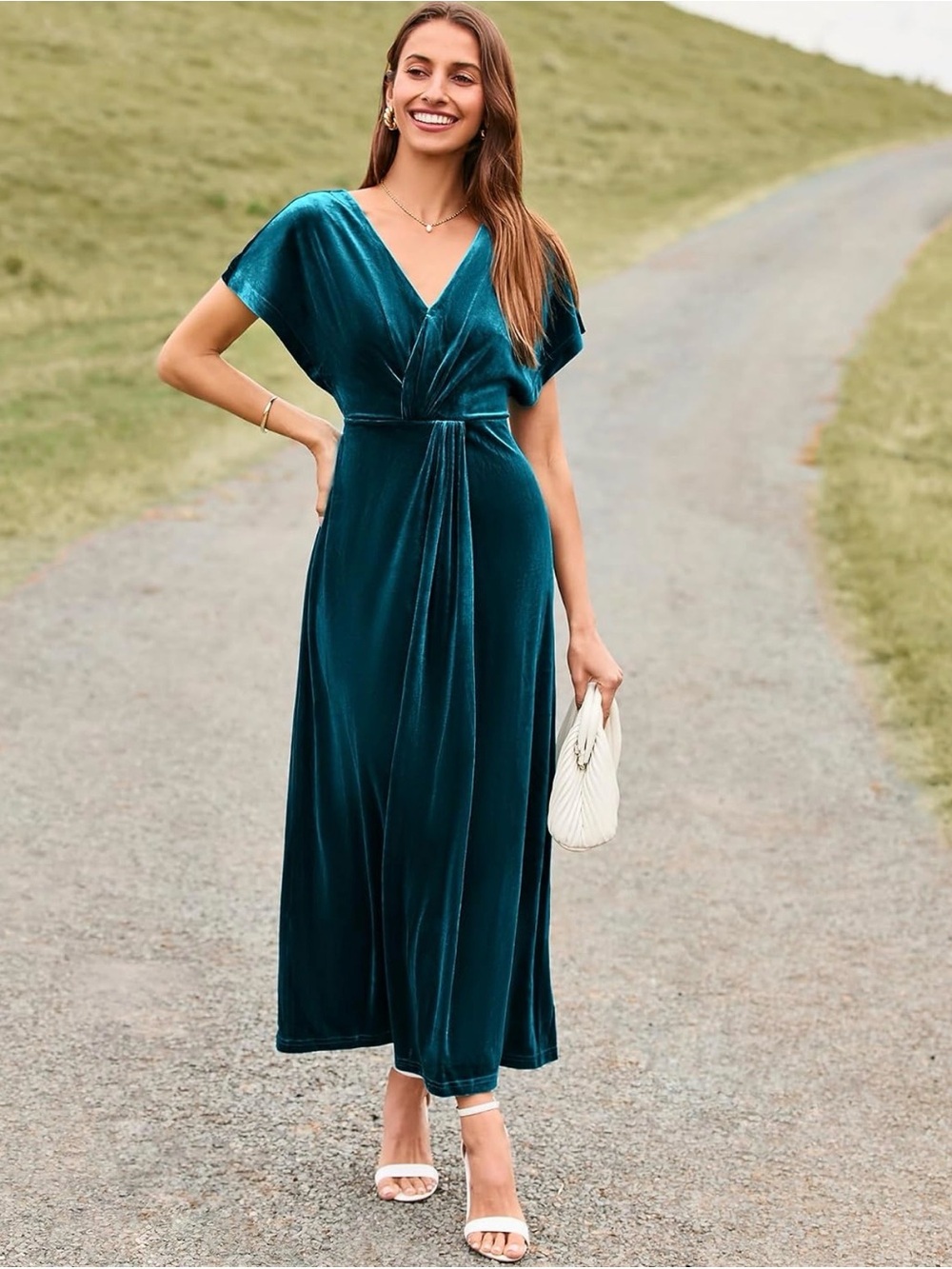 Amazon Teal Velvet V-Neck Maxi Dress